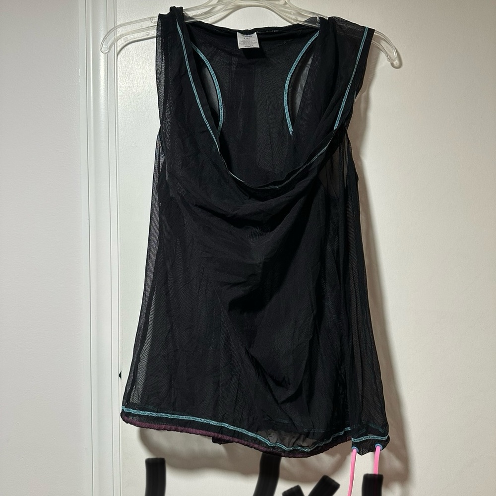 Zumba Black Sheer Tank Top with Blue Trim with a Hood